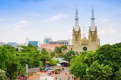 jakarta, santa ursula christian cathedral, indonesia city view.