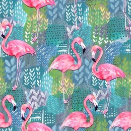 abstract print with watercolor flamingo and random elements. exotic pattern in baby style. hand drawn illustration