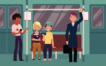 people in subway train car, sitting on seats, standing and holding handrails, cartoon vector illustration. full length portrait of people, men and women, sitting and standing in subway train