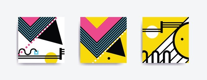 colorful trend neo memphis geometric poster set juxtaposed with bright bold blocks of color zig zags, squiggles, erratic images. design background elements composition. magazine, leaflet, billboard