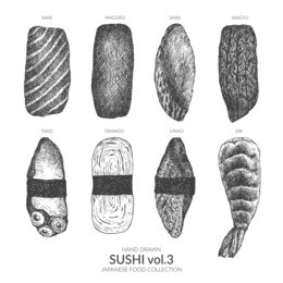 set of sushi. hand drawn top view with ink and pen. vintage black and white illustration. japanese food vector element.	
