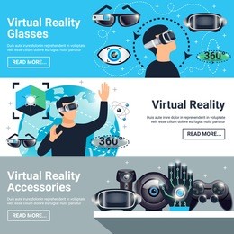 three horizontal virtual reality banner set with glasses accessories descriptions and read more buttons vector illustration