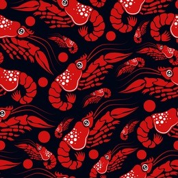 seamless summer pattern with red shrimps.vector sea background.textile texture