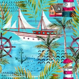 watercolor adventure seamless pattern in marine style. summer voyage background with lighthouse, yacht, abstract sea waves, palm trees and leaves. water color art illustration