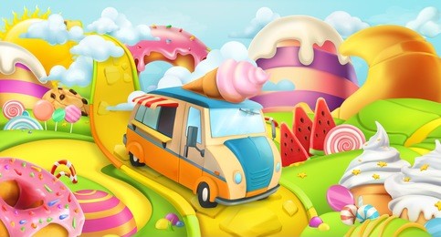 sweet candy land. ice cream truck. 3d vector background