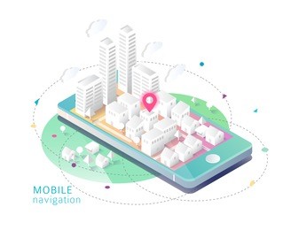 isometric concept of mobile navigation. smartphone with map and route. vector illustration.