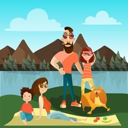vector illustration of father, mother with their kids and dog pet taking a rest on river bank. family travel concept design element.