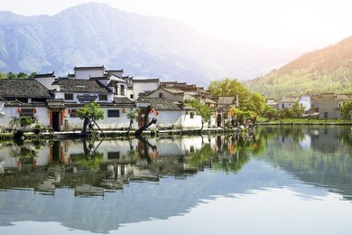 hongcun village scenery in huangshan, anhui, china. the village is an ancient village. it is located near mount huangshan. hongcun is a famous historical village in china, unesco heritage site.