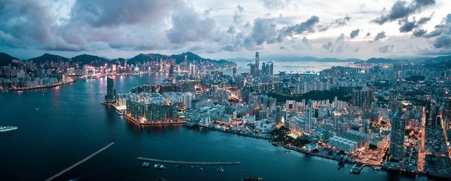 aerial panoramic view of hong kong island and kowloon 
