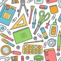 school stationery. seamless pattern in cartoon style. colorful