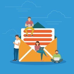 symbol newsletter concept illustration of young people using mobile gadgets such as tablet pc and smartphone for e mails and newsletter. flat design of guys and women near big mail newsletter symbol.