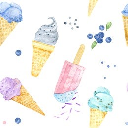 watercolor ice cream on white background. summer dessert. seamless pattern.