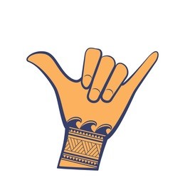 surfing shaka hand sign with tribal wave tattoo. hang loose hand gesture in blue and orange color with pattern.