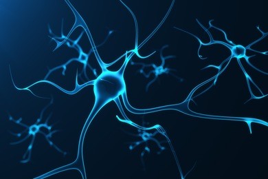 conceptual illustration of neuron cells with glowing link knots. synapse and neuron cells sending electrical chemical signals. neuron of interconnected neurons with electrical pulses, 3d rendering