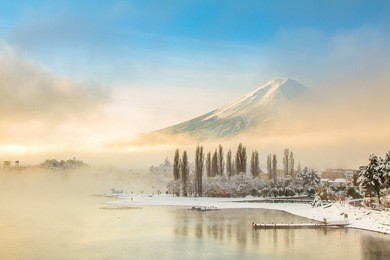 mt fuji with snow in winter at lake kawaguchiko japan
