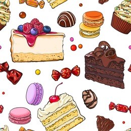 seamless pattern of hand drawn cakes, candies, macaroons, cupcakes, sketch vector illustration. seamless pattern, backdrop, background, wrapping paper, textile design with various sweets and desserts