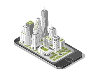 city isometric plan with road and buildings on smart phone. map on mobile application. 3d vector illustration. 