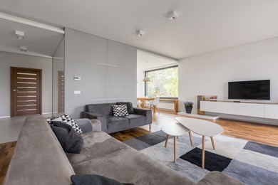 white tv living room with gray sofa, coffee table and carpet