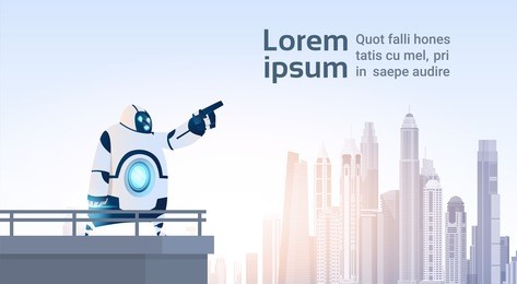 modern robot point finger on copy space over city view artificial intelligence technology flat vector illustration