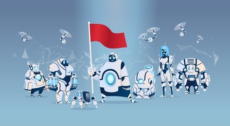 modern robots team hold flag artificial intelligence technology flat vector illustration