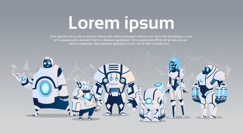 modern robots group artificial intelligence technology flat vector illustration