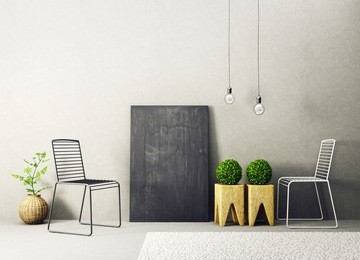 modern living room  with armchair armchair and black board. scandinavian interior design furniture. 3d render illustration