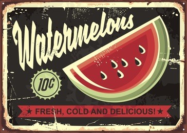 watermelons retro advertise with watermelon slice on dark, black background. vintage art.