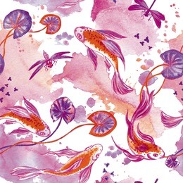 a seamless watercolor pattern from koi fish, aquatic plants and dragonflies.