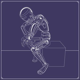 vector illustration of the thinking robot on purple background.