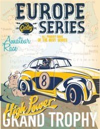 vintage yellow race car for europe amateur race printing.vector old school poster.