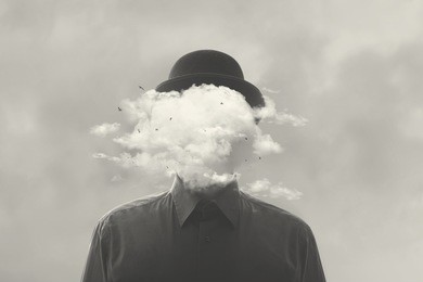 surreal black and white concept man with cloud over head