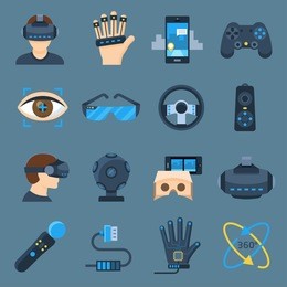 virtual reality device set. vr technology gadgets for gaming and entertainment. vector flat style cartoon illustration isolated on blue background
