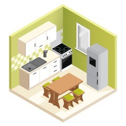 isometric room interior design. miniature apartment kitchen  illustration