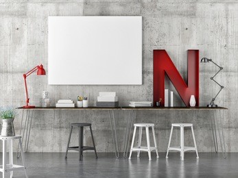 industrial decoration work space with mock up poster, 3d illustration