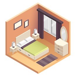 isometric bedroom interior design illustration. miniature  3d apartment room