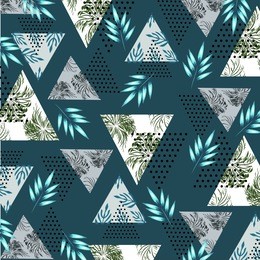 abstract,vintage summer pattern with tropical palm leaves and textured triangles. triangle with grunge halftone textures. geometric background in 80s 90s pop art style. vector illustration.