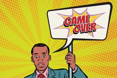 african protester businessman with a poster game over. pop art retro vector illustration