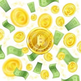 golden bit coin in the center of flying coins and banknotes with depth of field effect on white