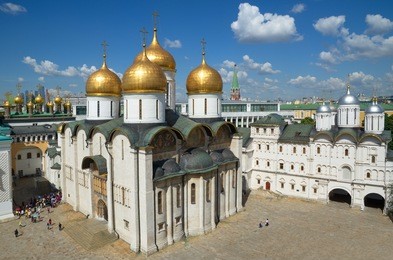 assumption cathedral and the patriarch's palace with church of twelve apostles in cathedral square of the moscow kremlin, moscow, russia