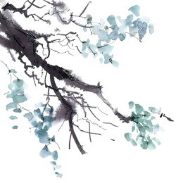 watercolor and ink illustration of tree foliage in style sumi-e, u-sin. oriental traditional painting.