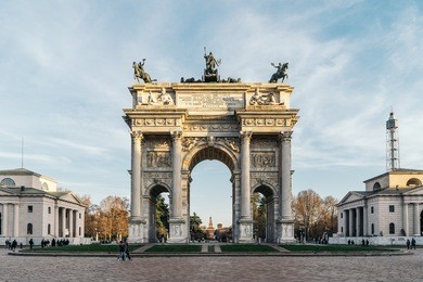 l'arco della pace (the arch of peace) at sunset in milan, italy