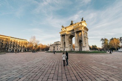 l'arco della pace (the arch of peace) at sunset in milan, italy