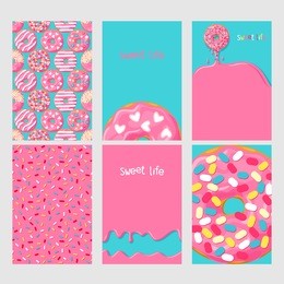 set of bright food cards. set of donuts with pink glaze. seamless pattern, background, card, poster.