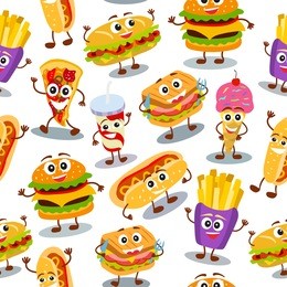 funny, cute fast food with smiling human face pattern for kids restaurant menu. endless texture for wallpaper, fill, web page background, surface texture.