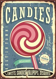lollipop retro vector sign design on old metal texture. vintage background with delicious candy. sweet food.