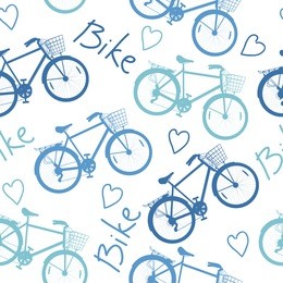 pattern from blue silhouette bikes, lettering bike and heart on white background. vector illustration