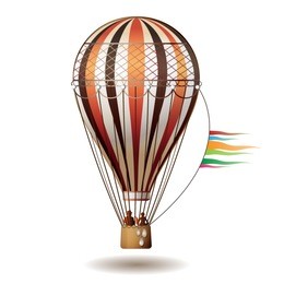 colorful hot air balloon with silhouettes isolated on white background, vector illustration