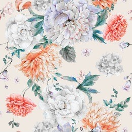 vintage watercolor seamless pattern with blooming peonies and wild flowers, watercolor natural botanical illustration on beige background