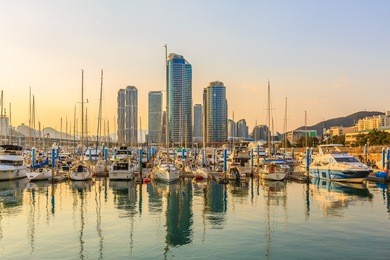 busan city skyline in the haeundae district, busan, south korea.