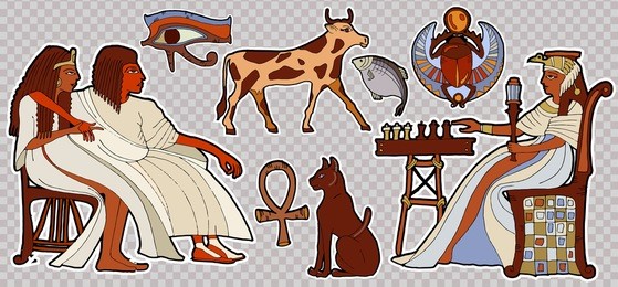 fashion patch ancient egypt. pharaoh, scarab, ankh, cat, chess. egyptian gods and pharaohs stickers, patches in cartoon 80s-90s comic style